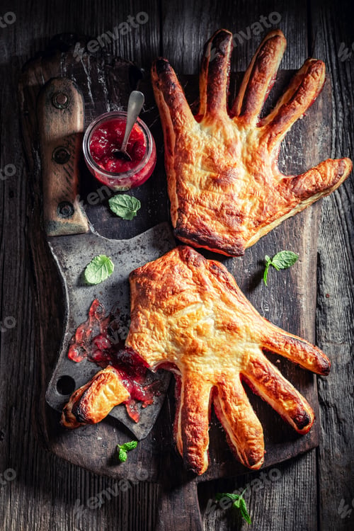 Preview: Weird hand cake with strawberry jam as concept of liking
