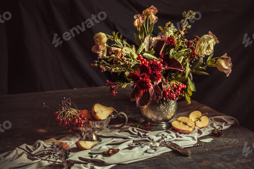 Preview: Still Life With Apples And Autumn Flowers