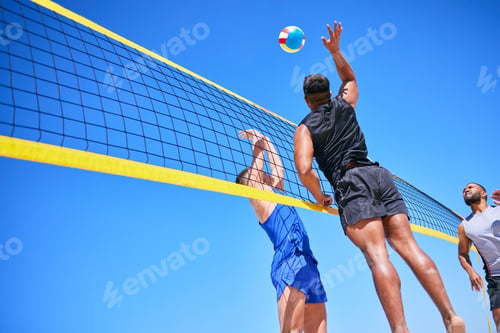 Preview: Beach volleyball match, blue sky and sports team jump, playing competition and practice for tournam