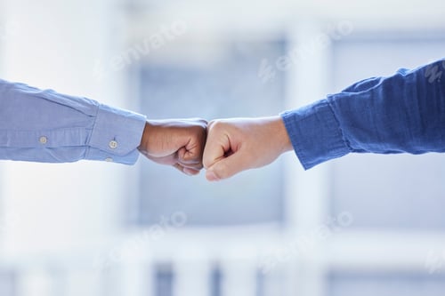 Preview: Business people, hands and fist bump of success, support and power of teamwork, respect and winning