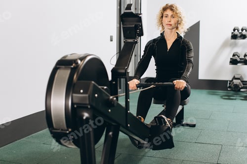Preview: Woman exercising on rowing machine, part of circuit training warmup cardio session