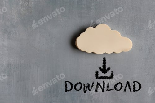 Preview: Cloud computing, network concept. White cloud and text DOWNLOAD with downward arrow icon