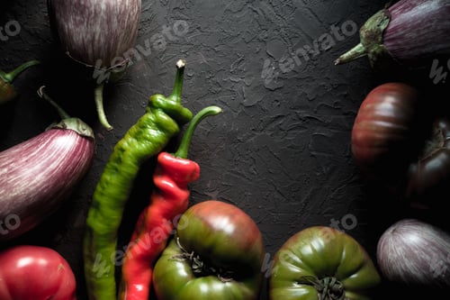 Preview: Half-frame of multi-colored eggplant, tomato and chili
