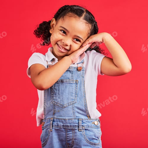 Preview: Little girl, cute and shy expression on isolated red background in fashion, trendy or cool clothes