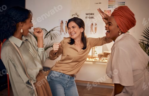 Preview: Fashion designer, high five or success in teamwork collaboration, partnership store deal or sales g