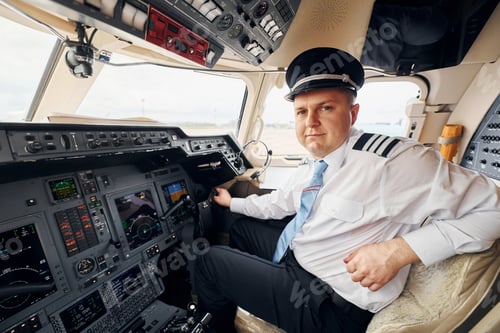 Preview: Professional worker. Pilot in formal wear sits in the cockpit and controls airplane