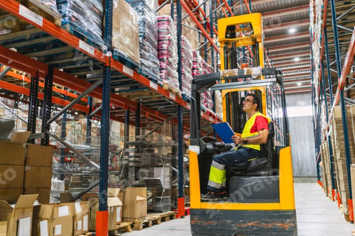 Preview: Warehouse worker driving forklift and checking inventory with clipboard
