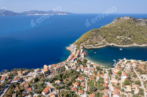 Preview: Drone aerial view of Greek village of Asos on the west coast of the island of Cephalonia , Kefalonia