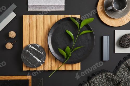 Preview: Stylish flat lay comosition of creative architect moodboard