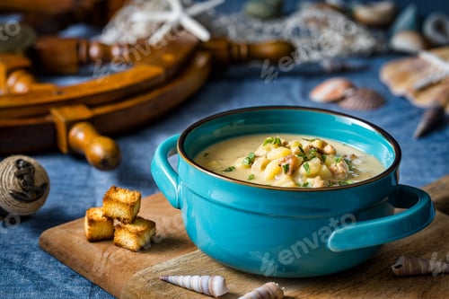 Preview: Closeup of delicious traditional Clam Chowder food in a restaurant