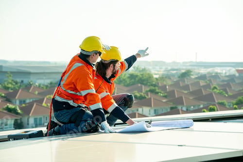 Preview: Engineer working setup Solar panel at the roof top. Engineer or worker work on solar panels or solar