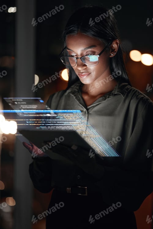Preview: Woman, tablet and hologram at night in web design with dashboard, interface or hud display at the o