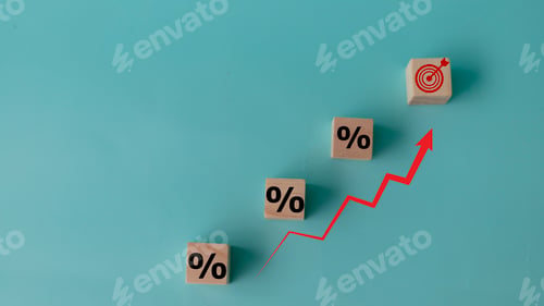 Preview: Concept of increasing sales. Wooden cubes with percentage icon and Rising arrow red