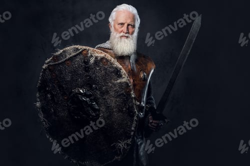 Preview: Elderly knight with shield and sword against dark background