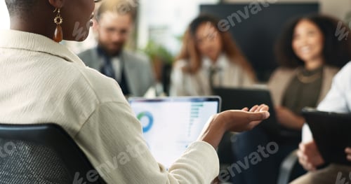 Preview: Laptop, hand and businesswoman in team meeting with graph, financial data and leader planning. Comp