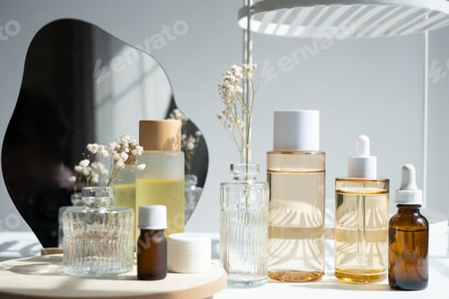 Preview: The beauty product and skincare with luxury flowers and a mirror for the spa concept.