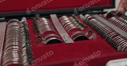 Preview: Closeup, optometrist tools and box with eye lenses for examination or testing for optometry. Box, e