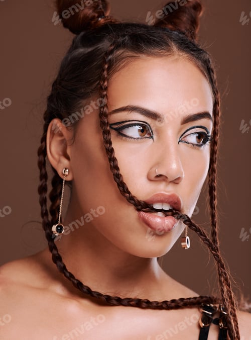 Preview: Makeup, grunge and black woman in studio with gen z aesthetic, punk and rocker on brown background.