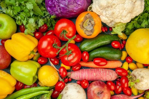 Preview: top view fruits and vegetables bell peppers apples carrot coriander cauliflower persimmon radish