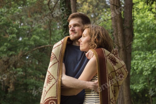 Preview: Beautiful Boy Girl Hug Couple In Forest Wood.