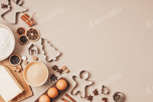 Preview: Christmas cookie baking background. Festive cooking idea