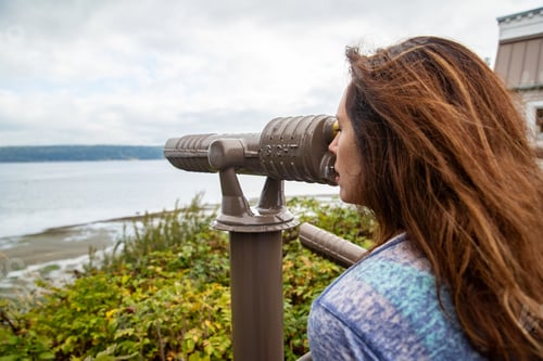 Preview: Tourist woman looking through scope at ocean view point