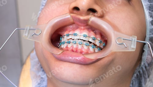 Preview: Closeup of a patient with an open mouth in dentistry wearing teeth metal braces