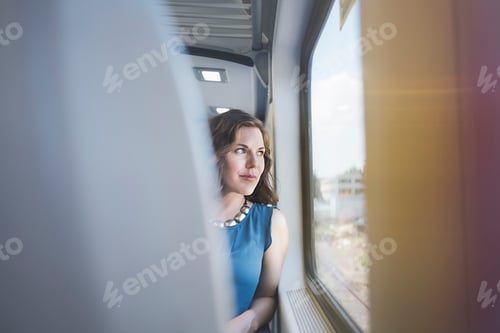 Preview: Mid adult woman on train, looking out of window
