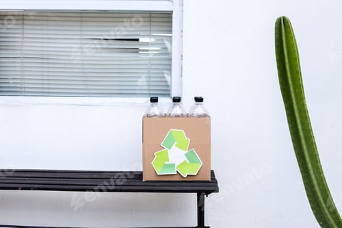 Preview: Plastic Bottle With Recycling Symbol On Cardboard Box