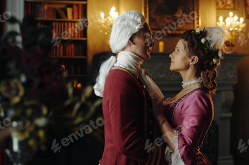 Preview: Caucasian Young Adult Man and Woman Reenacting Baroque Era Romance Indoors