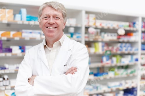 Preview: Portrait of confident pharmacist smiling with hands folded at drugstore