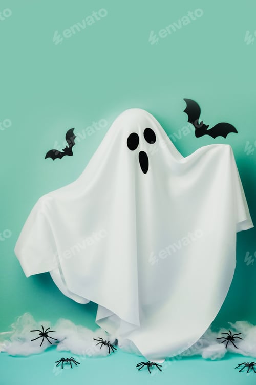 Preview: Spooky white ghost with wide eyes and open mouth on teal background with bats and spiders