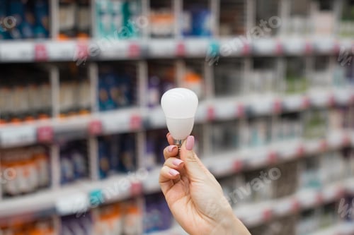 Preview: A young woman chooses and buys a light bulb in the store. Home lighting. Close-up