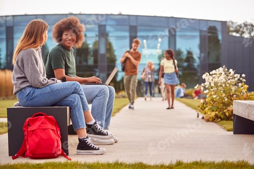 Preview: Male And Female University Or College Students Sitting Outdoors On Campus Working On Laptop Together