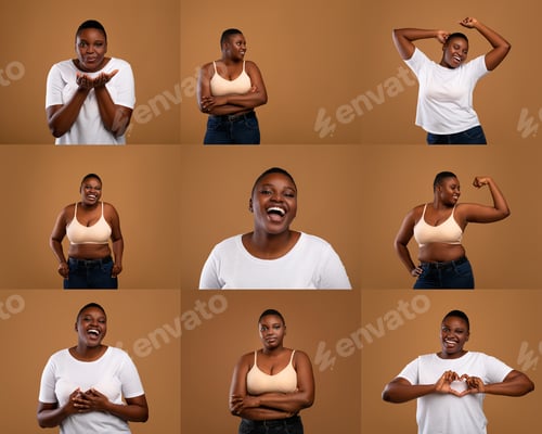 Preview: Woman showcasing diverse emotions and poses against a warm backdrop