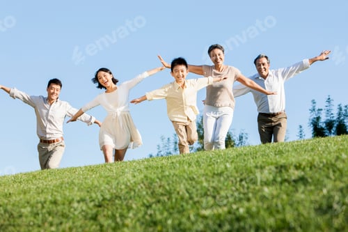 Preview: Happy family pretending to be flying in a park