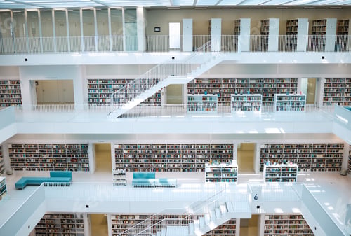 Preview: Library, interior design and university for education, learning and knowledge building background.