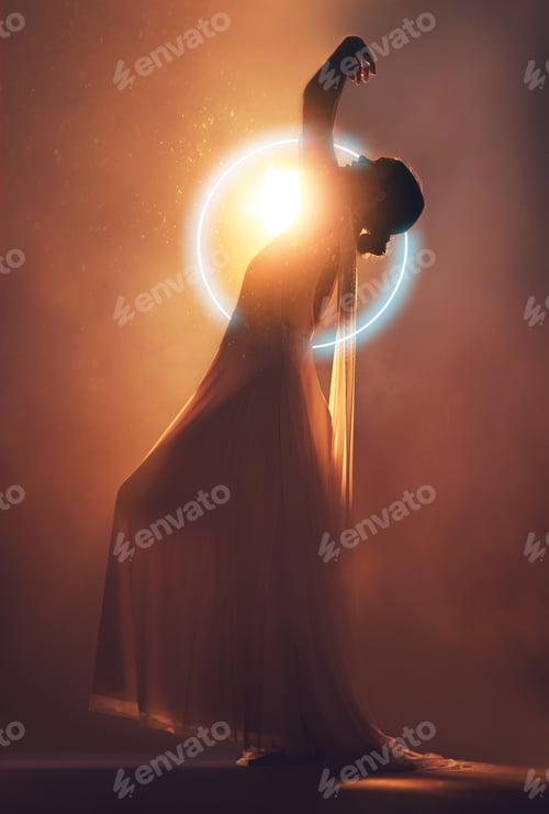 Preview: Orange lighting, art deco and silhouette of woman with neon circle for creative fashion, fantasy an