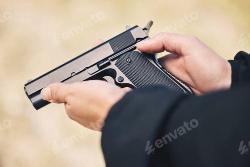 Preview: Weapon, pistol and hands with gun outdoor for police, military and safety training at firing range.