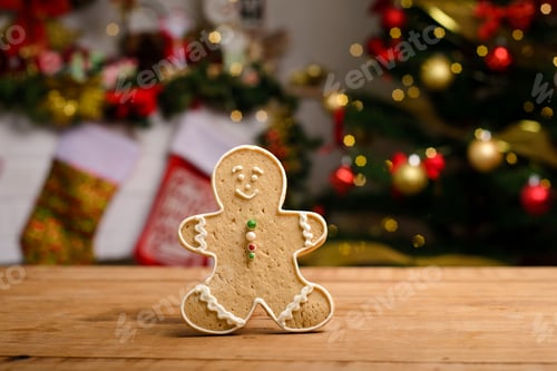 Preview: Festive Gingerbread Cookie with Christmas Tree Background