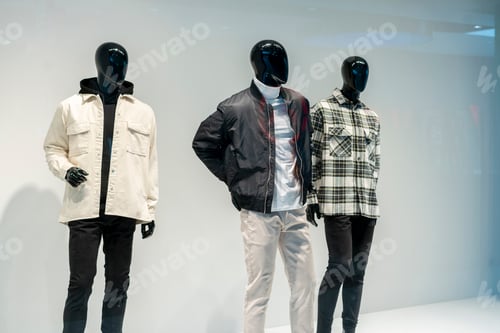 Preview: a window glass case in the shop with manequins showing new clothes