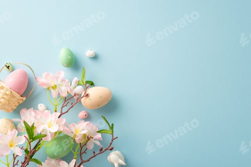 Preview: Springtime joy captured: top view miniature basket, vibrant eggs, a sweet bunny