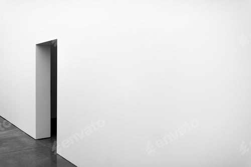 Preview: Perspective of large white wall with door opening in minimal building