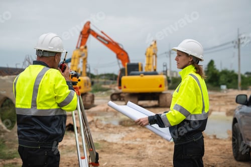 Preview: The survey team is using a theodolite and road construction plans.