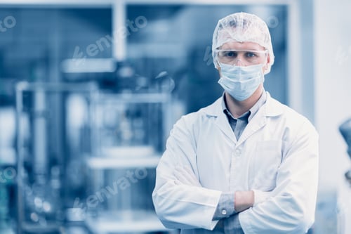 Preview: portrait male scientist worker medicine factory research laboratory plant technician in hygiene