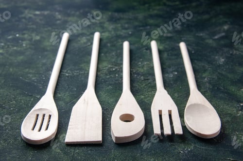 Preview: front view white plastic utencils on dark background plastic fork cutlery wood color darkness knife