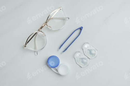 Preview: flat lay with eyeglasses, contact lenses containers and tweezers arranged on white surface