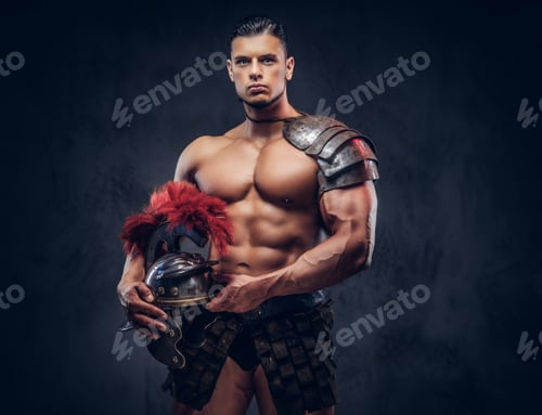 Preview: Brutal ancient Greece warrior with a muscular body in battle uniforms