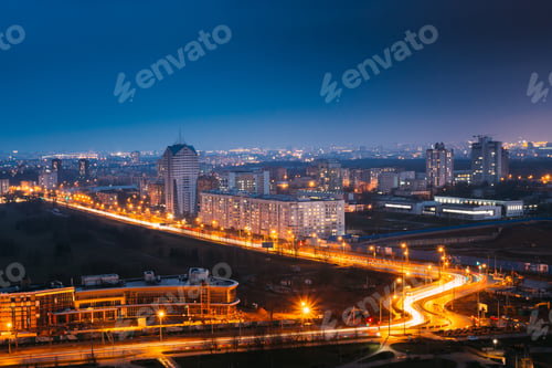 Preview: Minsk, Belarus. Top View Cityscape In Bright Blue Hour Evening A