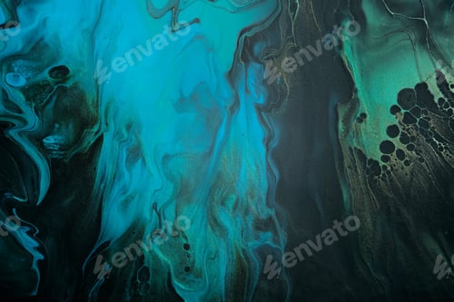 Preview: Fluid Art. Green, Black and blue abstract waves with golden particles. Marble effect background